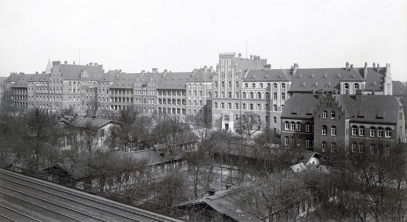 Front of the historic Charité clinic with many balconies