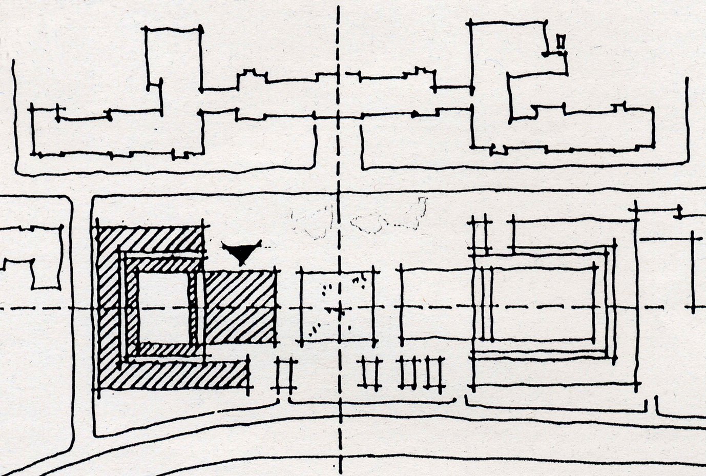 Sketch of the new institute building on Charité Campus with the square entrance hall and the adjacent laboratory area; embedded on the Charité campus.